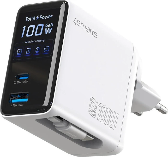 4smarts Ladegerät GaN Flex Screen AI 100W 2 USB-C + 1 USB-A Travel Edition weiß weiß