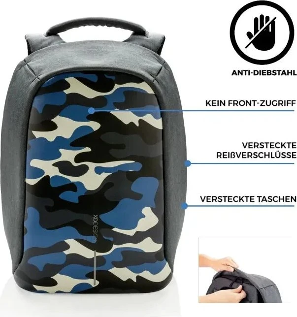 XD Design 14" Bobby Compact Anti Diebstahl Rucksack, schwarz/blau Camouflage-Muster