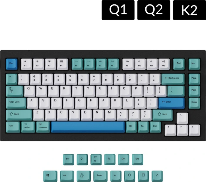 Keychron Q1/Q2/K2 OEM Dye-Sub Keycap-Set Iceberg, Kunststoff (PBT), Iceberg, blau/türkis/weiß, 97 Tasten (83+14), ANSI-US