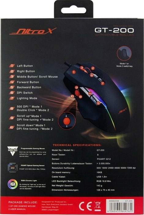 Inter-Tech Nitrox GT-200 RGB Gaming Maus schwarz, USB