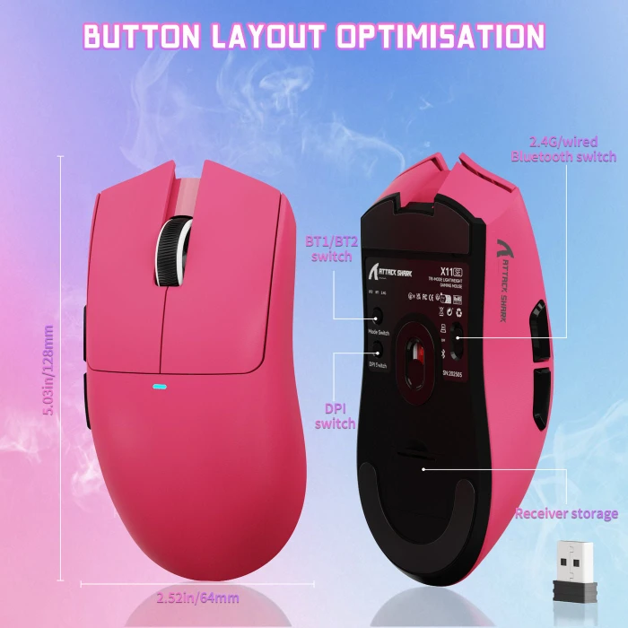 Attack Shark X11SE Wireless Gaming Mouse Berry Red, USB/Bluetooth
