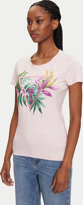 Guess Slim Fit Logo-Dreieck T-Shirt kurzarm rose (Damen)