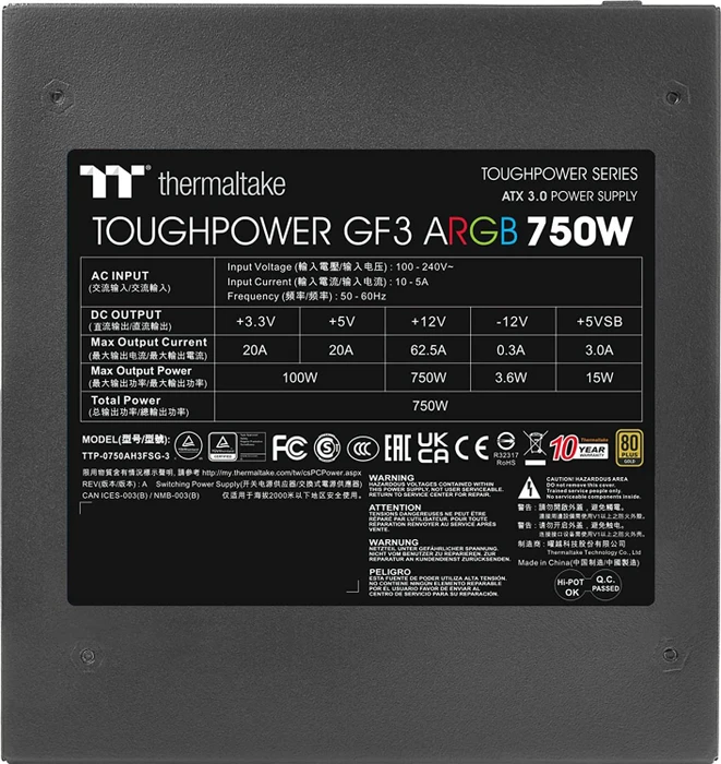 Thermaltake ToughPower GF3 ARGB 750W, ATX 3.0