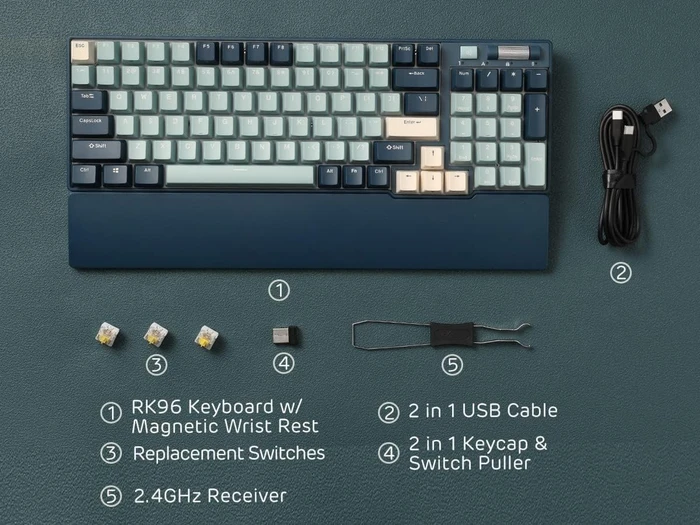 RK Royal Kludge RK96 96% Wireless, Forest Blue Limited Edition, LEDs RGB, hot-swap, RK YELLOW, USB/Bluetooth, US