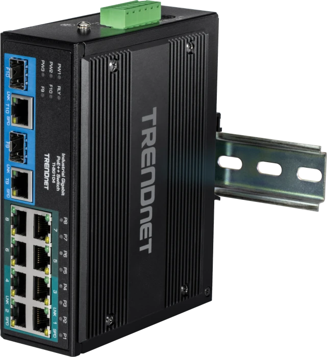 TRENDnet TI Hardened Industrial Railmount Gigabit Switch, 8x RJ-45, 2x RJ-45/SFP, 360W PoE++