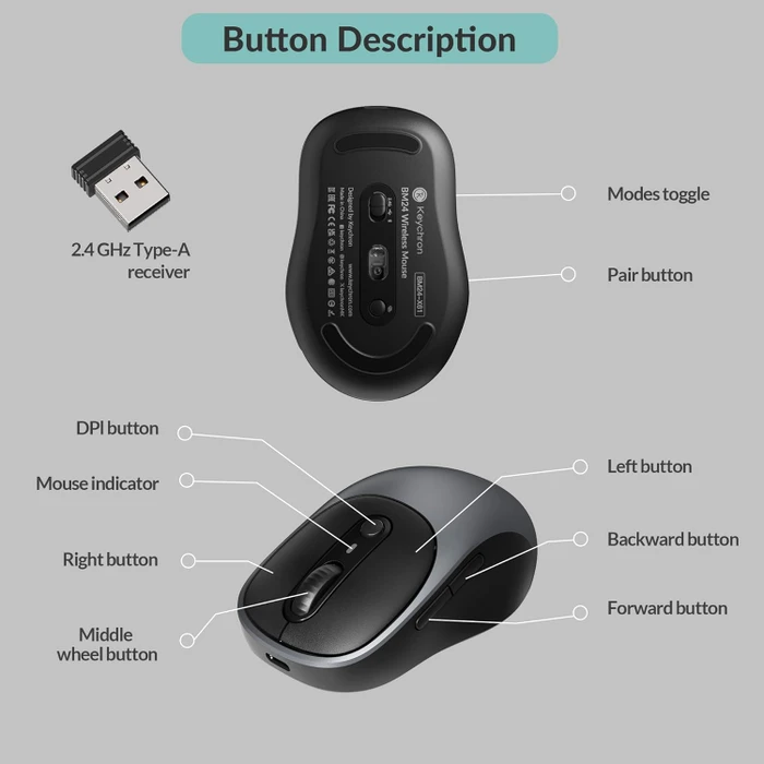 Keychron BM24 Wireless Mouse Metal Gray schwarz/grau, USB/Bluetooth