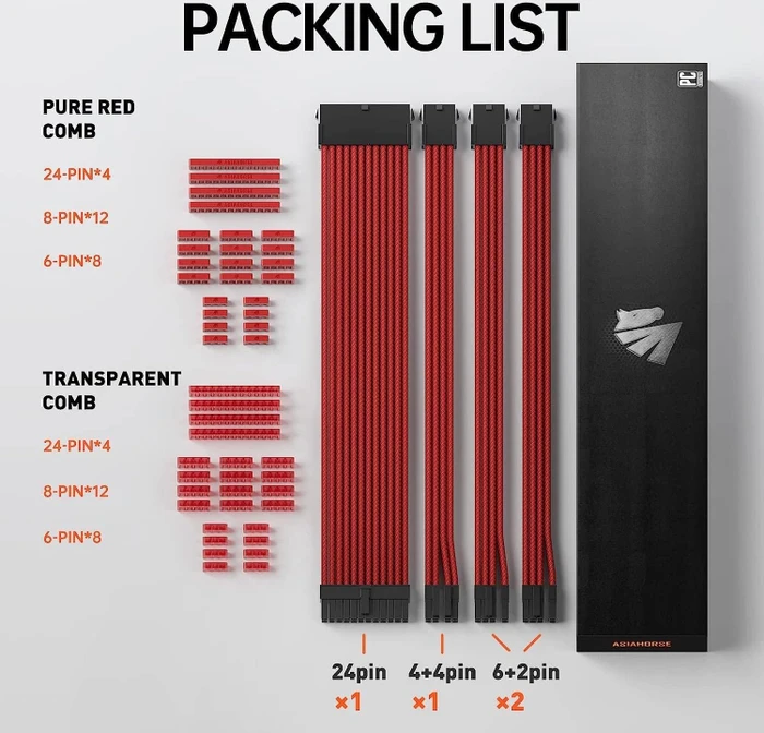 AsiaHorse GPU/CPU Cable Extension Kit, 1x 24-Pin, 1x 4/8-Pin ATX, 2x 8-Pin PCIe, 16AWG, rot, 30cm