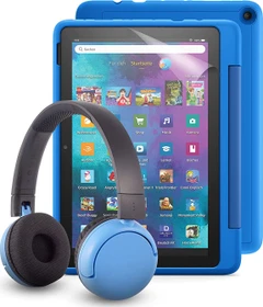 Amazon Fire HD 10 KFTRWI 2021, ohne Werbung, blau, 32GB, inkl. BuddyPhones PopTime Headset und Displayschutzfolie, Kids Pro Edition
