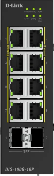 D-Link DIS-100G Industrial Railmount Gigabit Switch, 8x RJ-45, 2x SFP, 240W PoE+