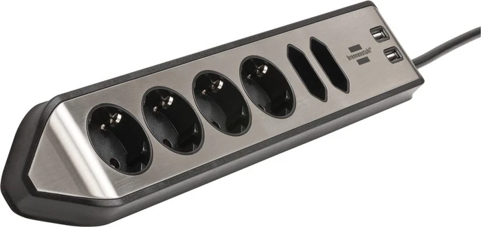 Brennenstuhl estilo Ecksteckdosenleiste, Tischsteckdose, 6-fach, 2x USB-A, 2m, silber/schwarz