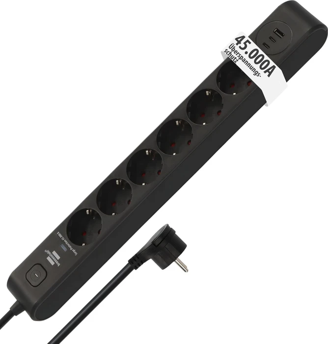 Brennenstuhl Überspannungsschutz-Steckdosenleiste, 6-fach, 1x USB-A/2x USB-C USB-PD, 2m, schwarz