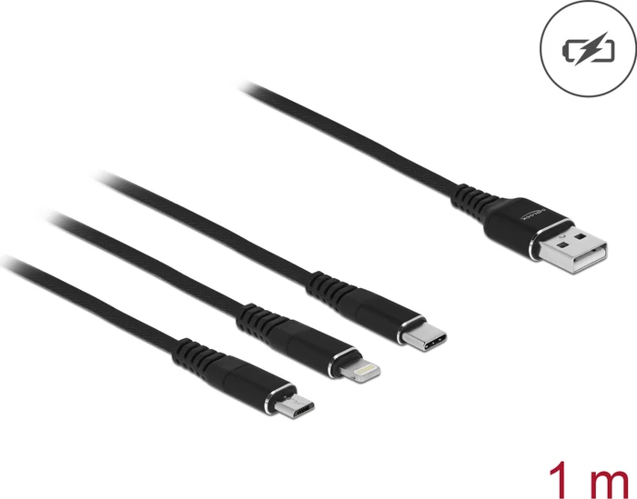 DeLOCK USB Ladekabel 3 in 1, USB-A [Stecker] auf USB Micro-B/USB-C/Lightning [Stecker], Adapterkabel, 1m