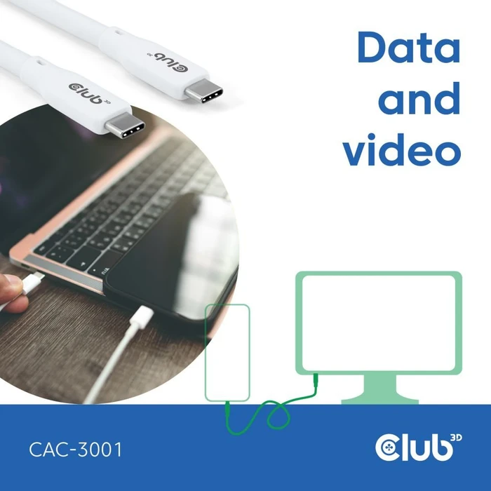 Club 3D USB4 Kabel, 20Gb/s, 240W PD EPR, USB-C Stecker auf USB-C Stecker, 2m, weiß