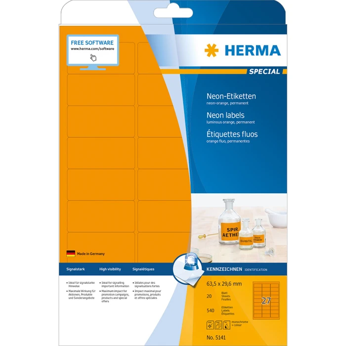 Herma Neonetiketten, 63.5x29.6mm, orange, matt, 20 Blatt (540 Etiketten)