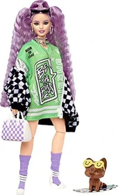 Mattel Barbie - Extra Puppe in schwarz-weißer Rennwagejacke mit lila Haaren