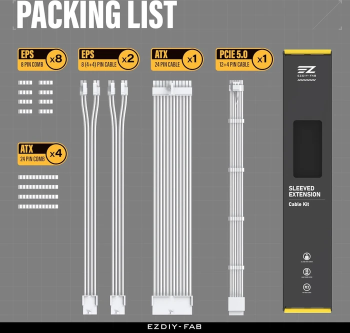 EZDIY-FAB 12VHPWR Cable Kit, 1x 24-Pin, 2x 4/8-Pin ATX, 1x 12VHPWR PCIe, 16AWG, weiß