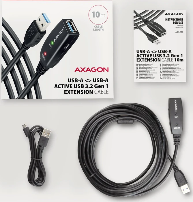 Axagon USB-A Verlängerung, USB 3.0, 5Gb/s, USB-A 3.0 [Stecker] auf USB-A 3.0 [Buchse], aktiv, Verlängerungskabel A/A, 10m