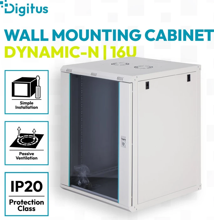 Digitus Dynamic-N Serie 19" Wandgehäuse 16HE, unmontiert, Sicherheitsglastür, IP2X, RAL 7035, 600mm tief
