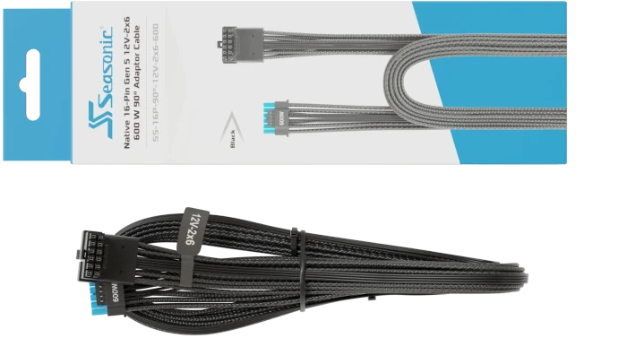 Seasonic 12V-2x6 Kabel, natives 12V-2x6 Kabel, 1x 16-Pin PCIe 5.1 Stecker auf 16-Pin PCIe 5.1 Stecker, schwarz, 90° gewinkelt, 70cm