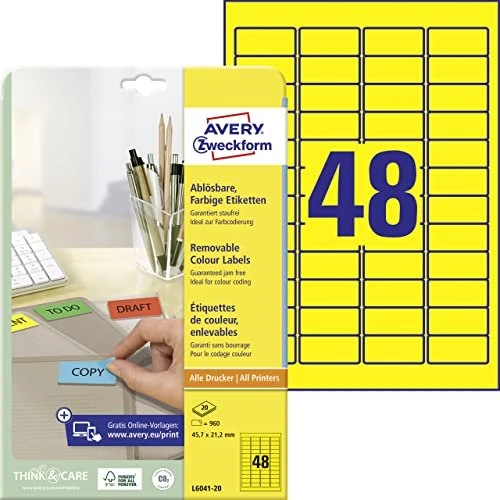 Avery-Zweckform Ordneretiketten, 45.7x21.2mm, ablösbar, gelb, 20 Blatt (960 Etiketten)