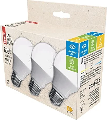 Emos LED Lampe True Light Birne E27 7.2W/940, 3 Stück