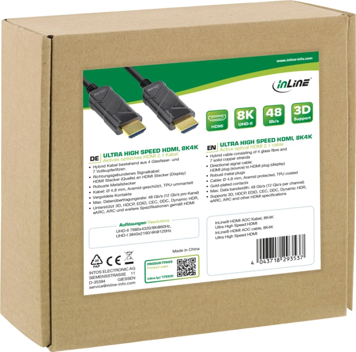 InLine HDMI AOC Kabel, Ultra High Speed HDMI, 8K4K, schwarz HDMI 2.1 Kabel, 10m