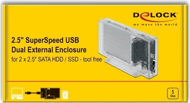 DeLOCK External Enclosure, transparent, 9.5mm, 2.5", USB-C 3.0