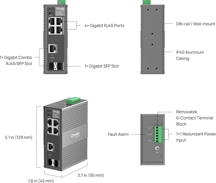 TP-Link Omada IES Industrial Railmount Gigabit Smart Switch, 4x RJ-45, 1x SFP, 1x RJ-45/SFP