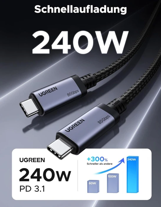 Ugreen USB4 Kabel, USB4 v2, 80Gb/s, 16K60Hz, 240W PD 3.1, USB-C Stecker auf USB-C Stecker, schwarz, ummantelt, 1m