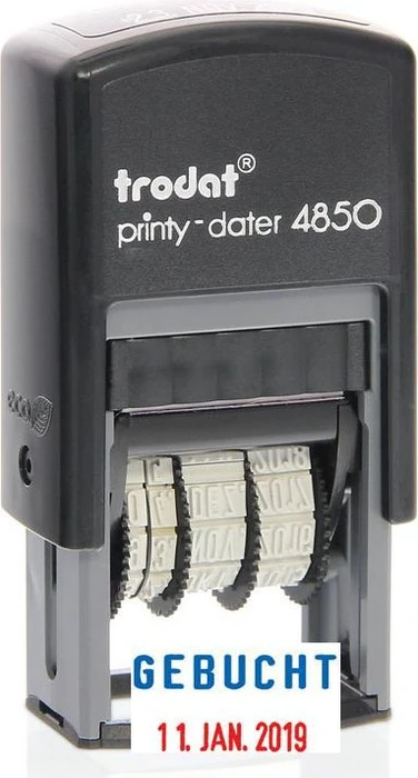 trodat printy-dater 4850/L7 Datumstempel mit Textplatte GEBUCHT, 23x12mm, Monat in Buchstaben, schwarz