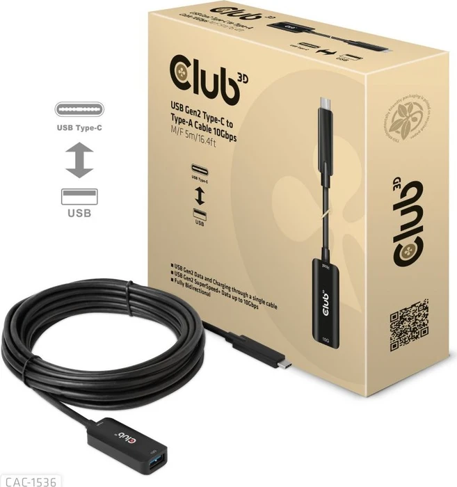 Club 3D USB-C 3.1 Kabel, aktiv, 10Gb/s, USB-C 3.1 Stecker auf USB-A 3.1 Buchse, 5m