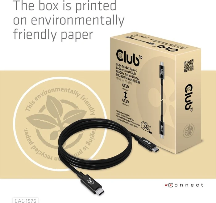 Club 3D USB-C Kabel, USB4 Gen3x2, 40Gb/s, 8K60Hz, 240W PD EPR, USB-C Stecker auf USB-C Stecker, 1m