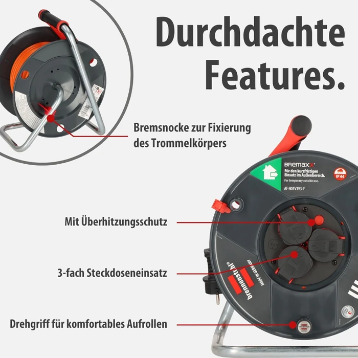 Brennenstuhl Garant V2 Kabeltrommel, Schuko auf 3x Schuko, 40m, IP44, AT-N05V3V3-F 3G1,5