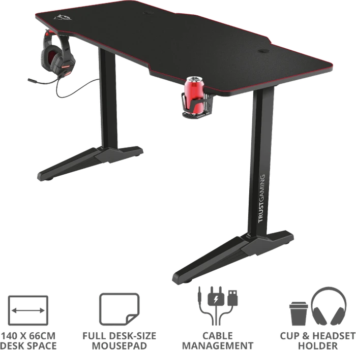 Trust Gaming GXT 1175 Imperius XL Gaming Desk Schreibtisch 140x66cm schwarz/schwarz