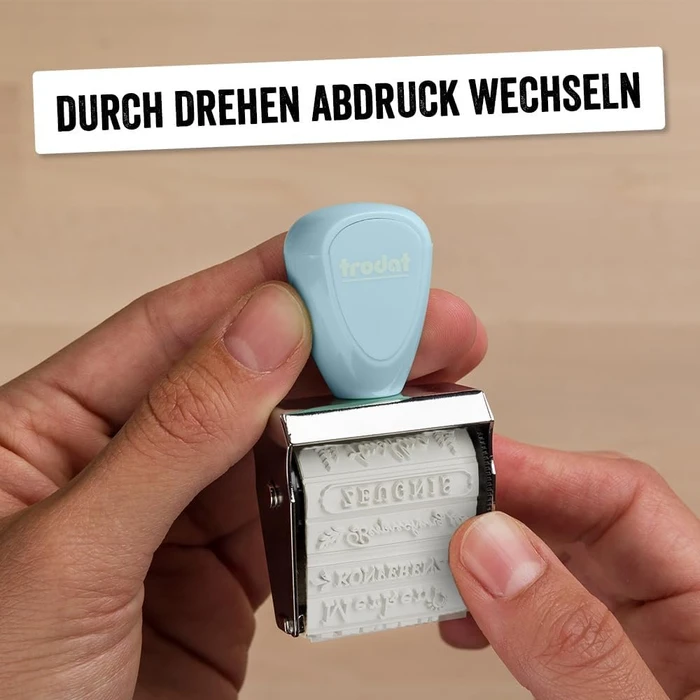 trodat Creative Mini Handstempel mit 12 Abdrucken "Schulplaner" inkl. 3-farbigem Kissen, 30x5mm, pastell blau, 2er-Set