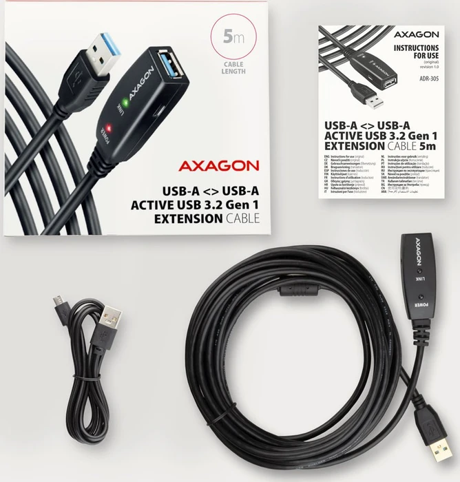 Axagon USB-A Verlängerung, USB 3.0, 5Gb/s, USB-A 3.0 [Stecker] auf USB-A 3.0 [Buchse], aktiv, Verlängerungskabel A/A, 5m