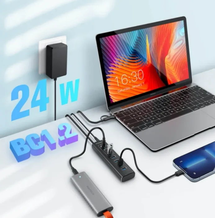 RSHTech 7 Port USB Hub mit Schalter und Netzteil, USB-C/USB-A 3.1 [Stecker]