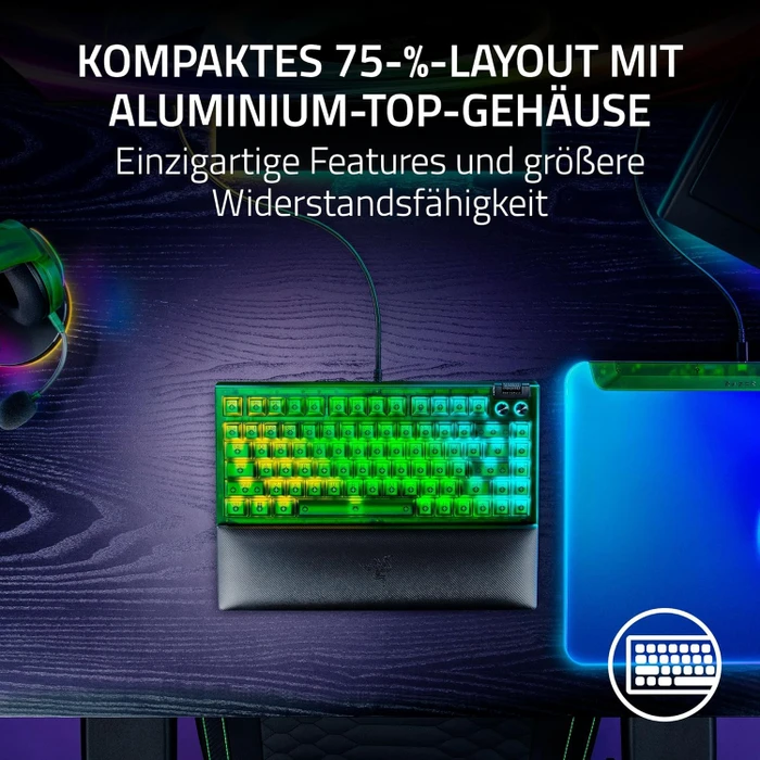 Razer BlackWidow V4 75%, Phantom Green - 20th Anniversary Edition, hot-swap, Razer ORANGE Tactile Gen-3, USB/Bluetooth, US
