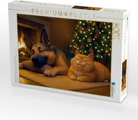 Calvendo Weihnachtsentspannung - Schäferhund und Katze am Kamin