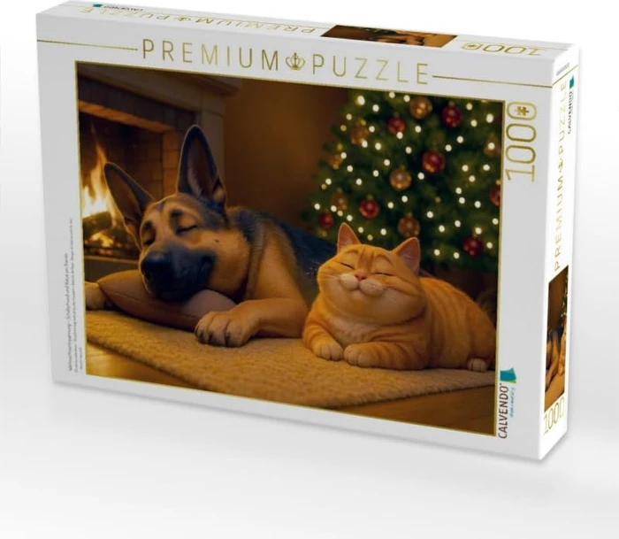 Calvendo Weihnachtsentspannung - Schäferhund und Katze am Kamin