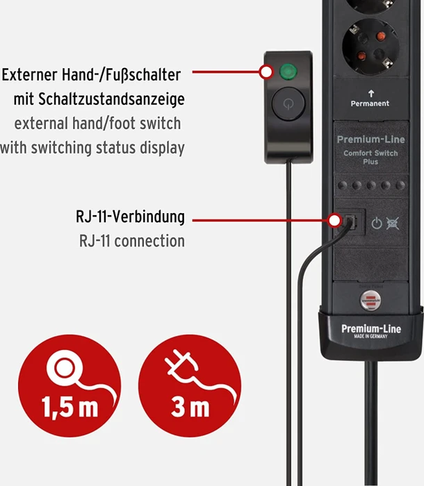Brennenstuhl Premium-Line Comfort Switch Plus, 6-fach, 2x permanent, 4x schaltbar, 3m, schwarz/hellgrau