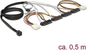 DeLOCK mini SAS x4 [SFF-8643] auf 4x SAS [SFF-8482], 2x Molex, Sideband, Adapterkabel, 0.5m (83390)