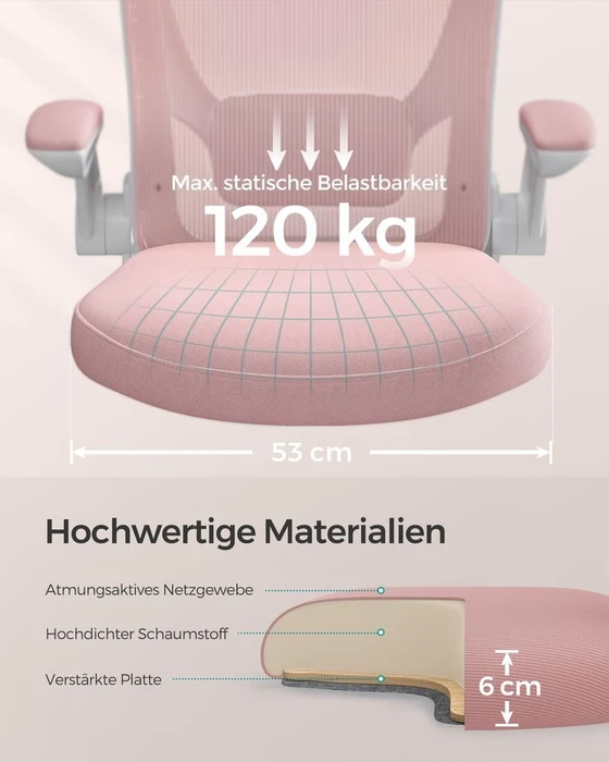 Songmics Bürostuhl ergonomisch mit Amrlehnen, pastellrosa
