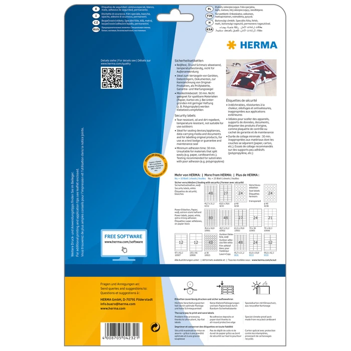Herma Sicherheitsetiketten, 45.7x21.2mm, weiß, 25 Blatt (1200 Etiketten)
