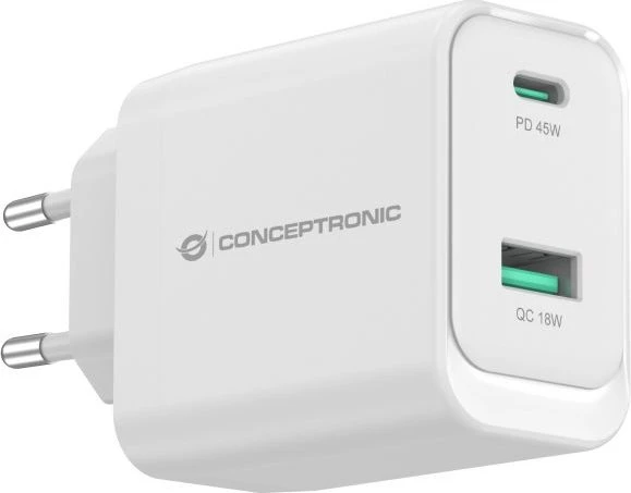 Conceptronic 2-Port 45W GaN USB-PD-Ladegerät weiß