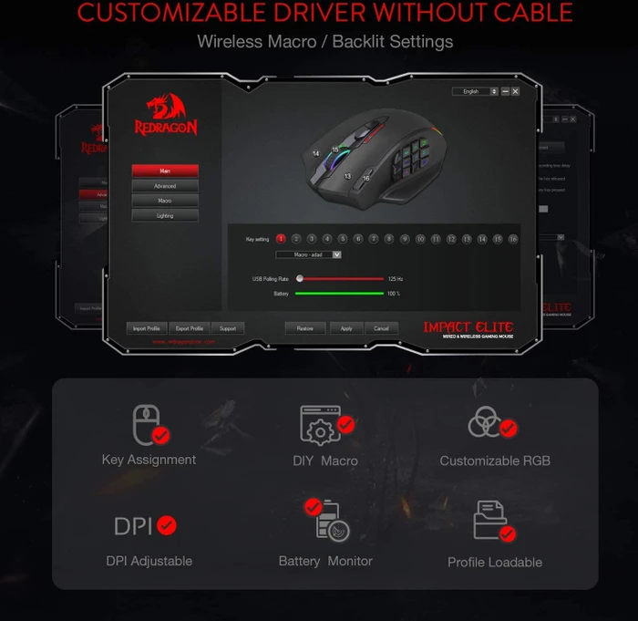 Redragon M913 Impact Elite Wireless RGB MMO schwarz, USB