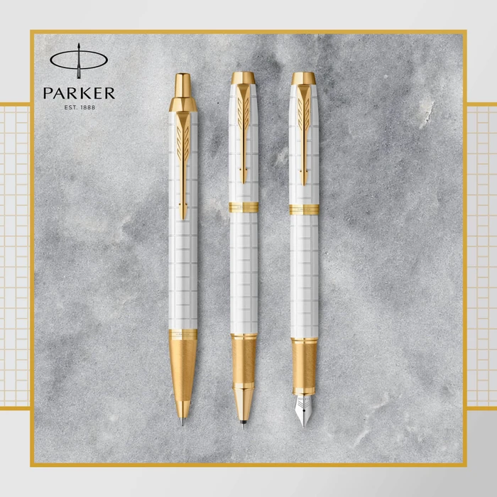 Parker IM Premium pearl lacquer/gold trim, rechte Hand, fein, Geschenkbox
