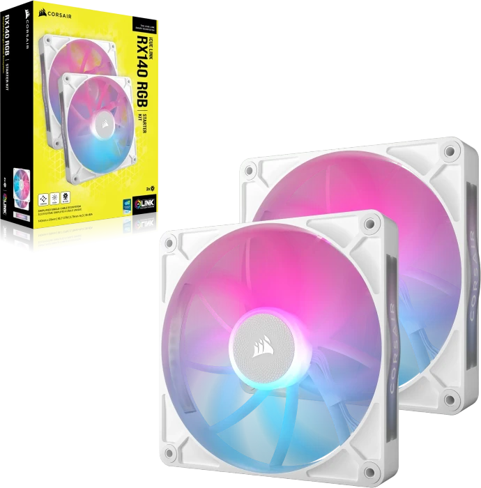 Corsair iCUE LINK RX140 RGB Starter Kit, weiß, LED-Steuerung, 140mm, 2er-Pack