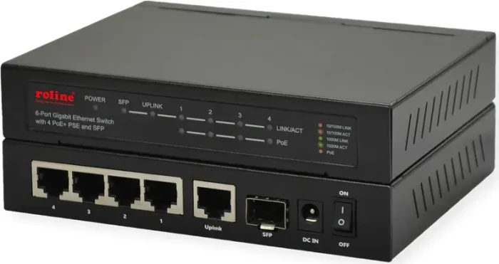 Roline Desktop Gigabit Switch, 5x RJ-45, 1x SFP, 85W PoE+