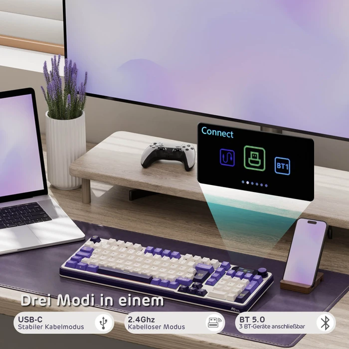 RK Royal Kludge S98, Lavendel Lila, 96%, hot-swap, RK Linear Viridian, USB/Bluetooth, DE
